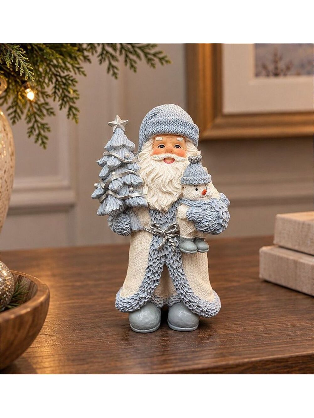 Vintage Winter Santa Snowman Christmas Tree Figurine Blue White Holiday Decor 6"